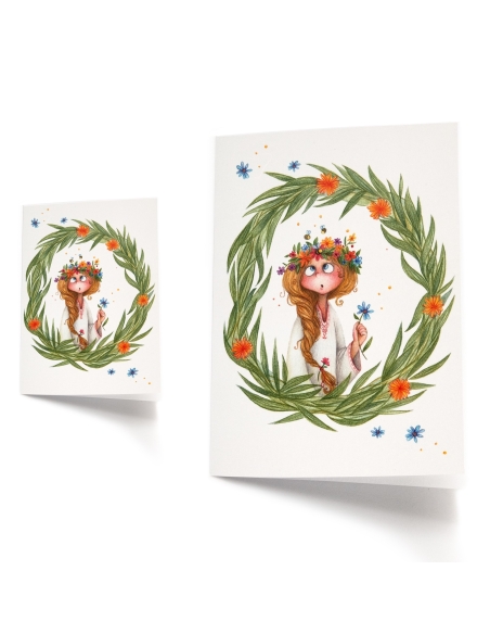 Grußkarte, Frühling, Blumen, Mädchen - Bleistift-Illustration