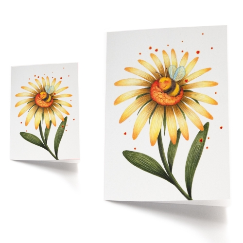 Summer love greeting card, spring, flower, bee - pencil illustration