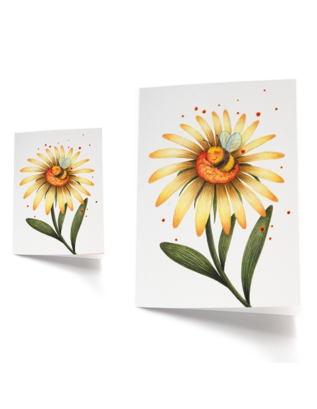 Summer love greeting card, spring, flower, bee - pencil illustration