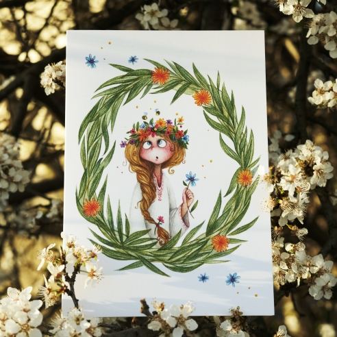 Greeting card, spring, flowers, girl  - pencil illustration