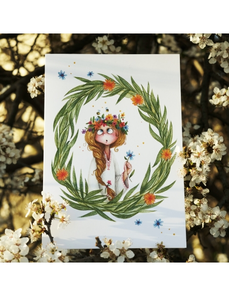 Greeting card, spring, flowers, girl  - pencil illustration