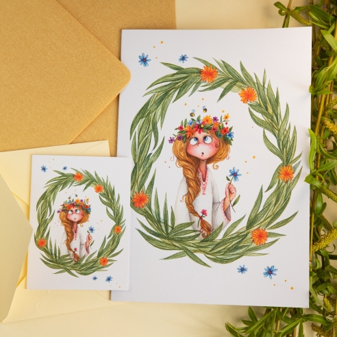 Greeting card, spring, flowers, girl  - pencil illustration