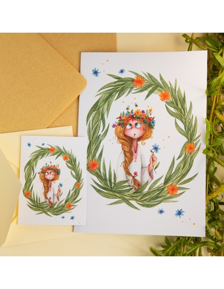 Grußkarte, Frühling, Blumen, Mädchen - Bleistift-Illustration