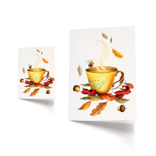 Autumn greeting card, cup of tea and leaves - pencil illustration