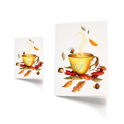Autumn greeting card, cup of tea and leaves - pencil illustration