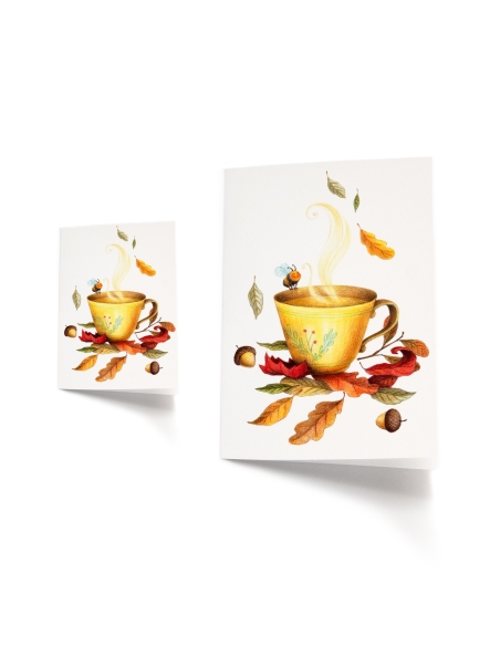 Herbst Grußkarte, Tasse Tee und Blätter - Bleistift-Illustration