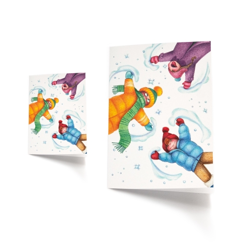 Winter Grußkarte, Kinder genießen den Schnee - Bleistift-Illustration