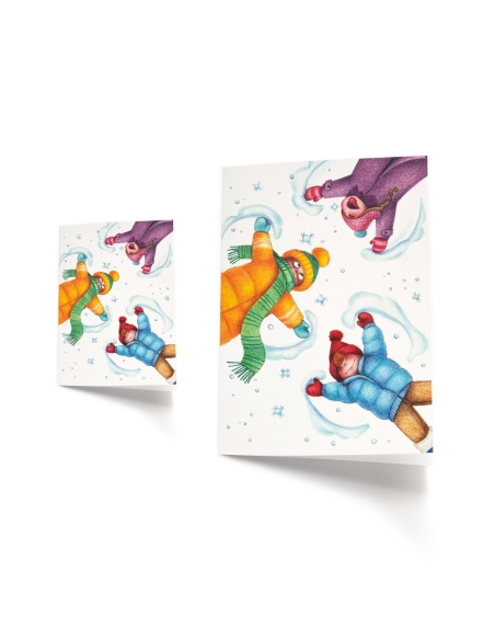 Winter greeting card, kids enjoying the snow - pencil illustration