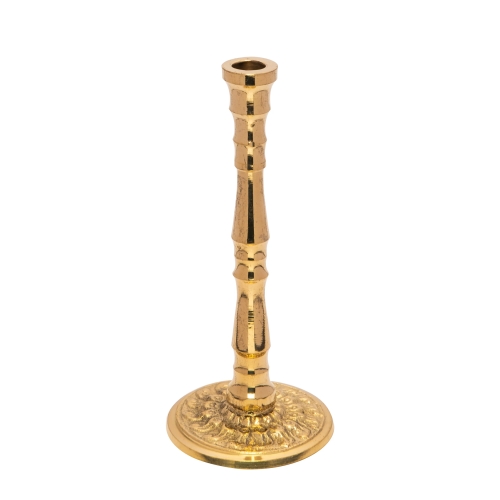 Small gold-colored candlestick for slim tapper candles with ornaments – brass