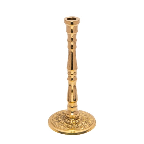 Small gold-colored candlestick for slim tapper candles with ornaments – brass