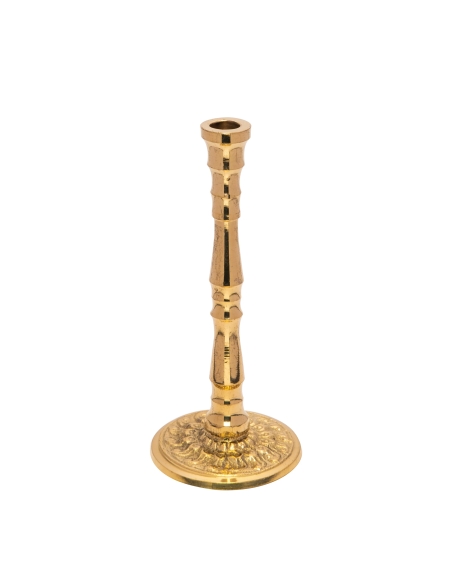 Small gold-colored candlestick for slim tapper candles with ornaments – brass