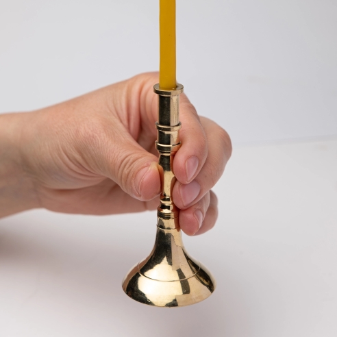 Small gold-colored candlestick for slim tapper candles, conic, brass