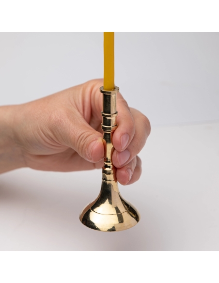 Small gold-colored candlestick for slim tapper candles, conic, brass
