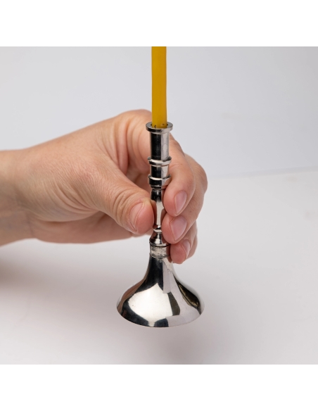 Small silver-plated candlestick for slim tapper candles, conic, brass