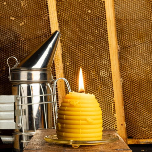 Natural Beeswax Large Candle - Bees Swarm, Knitted Hive