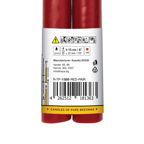Classic taper candles of pure beeswax, red - 15 cm, 6"