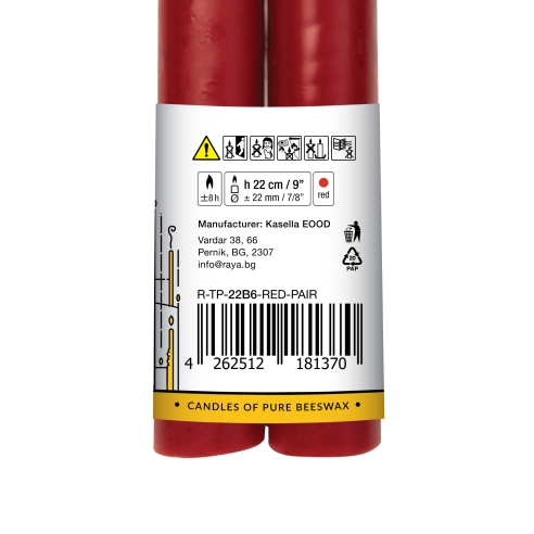 Classic taper candles of pure beeswax, red - 22 cm, 9"