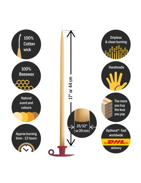 Dipped beeswax taper candles, thick - 44cm, 17"