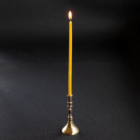 Small gold-colored candlestick for slim tapper candles, conic, brass