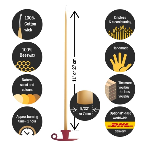 Dipped beeswax taper candles - 27cm, 11"